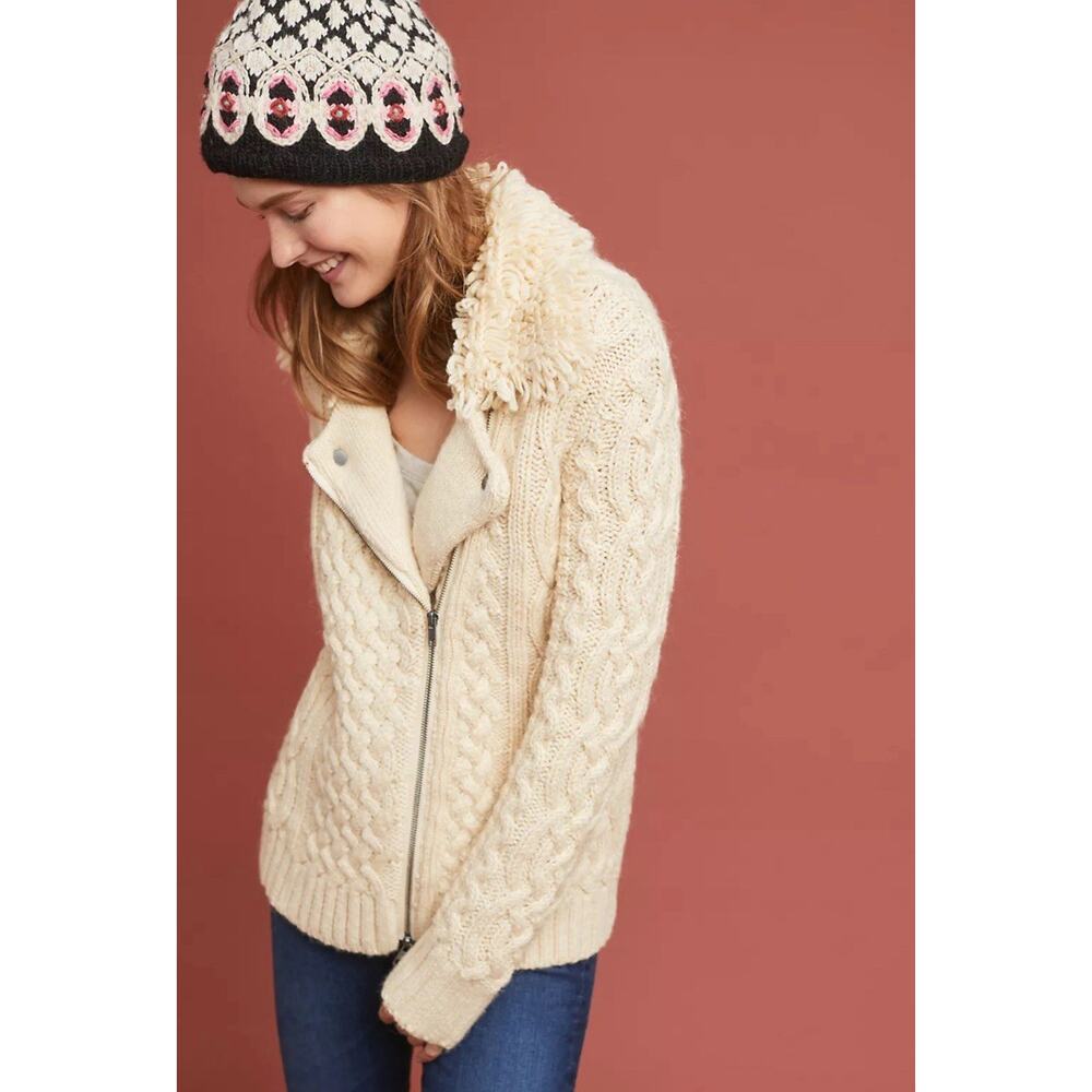 Anthropologie Moto Fringe Cream Cable Knit Cardigan size M